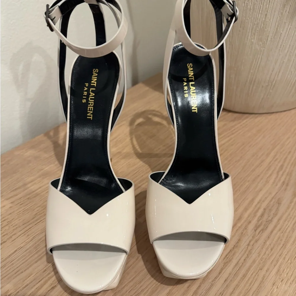 Saint Laurent Cream Patent Leather Platform Heels with Ankle Strap - Picture 14 of 16